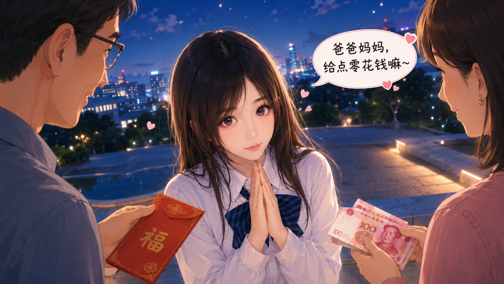 爸爸妈妈递来红包和生活费，我双手合十感谢的卡通形象